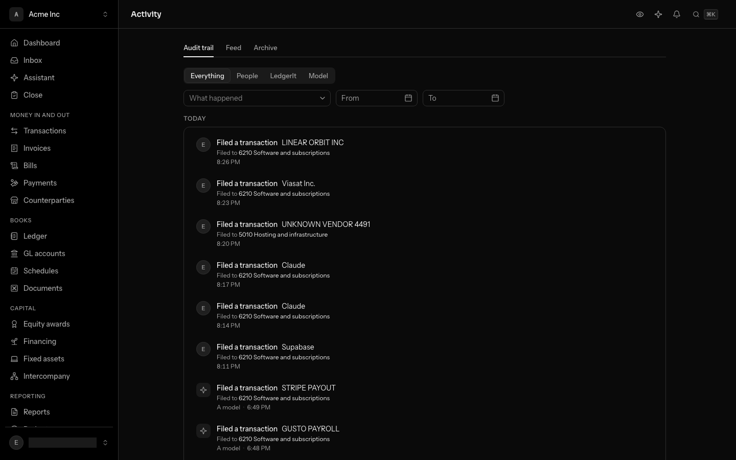 Activity on the Everything tab under Today: transactions you filed, each with the GL account it went to and the time, then transactions a model filed, each marked A model