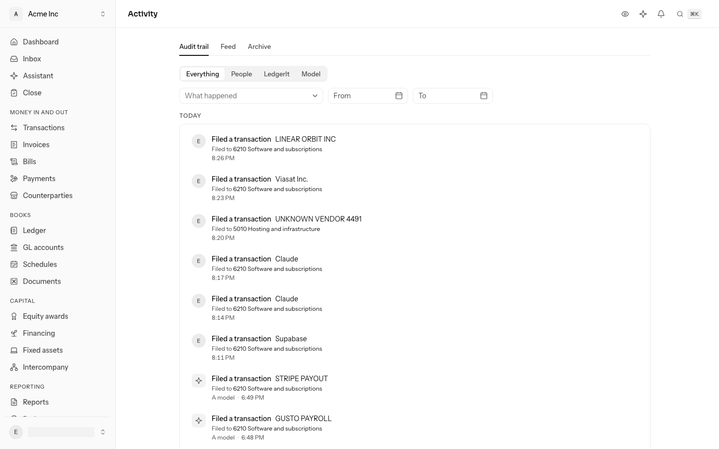 Activity on the Everything tab under Today: transactions you filed, each with the GL account it went to and the time, then transactions a model filed, each marked A model