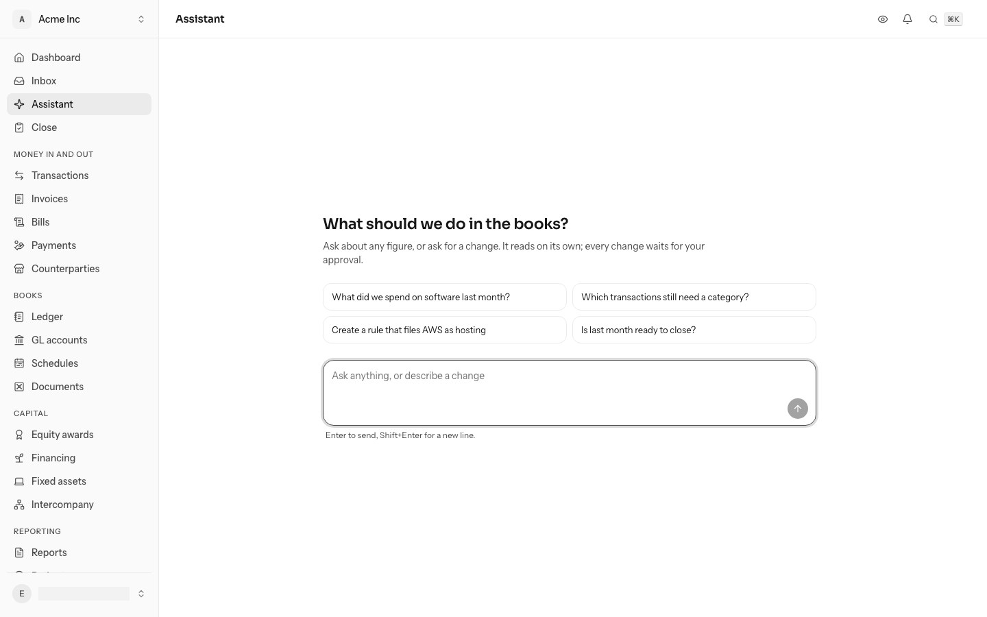 The Assistant screen on a first conversation: What should we do in the books, four suggested questions, and the message box right under them