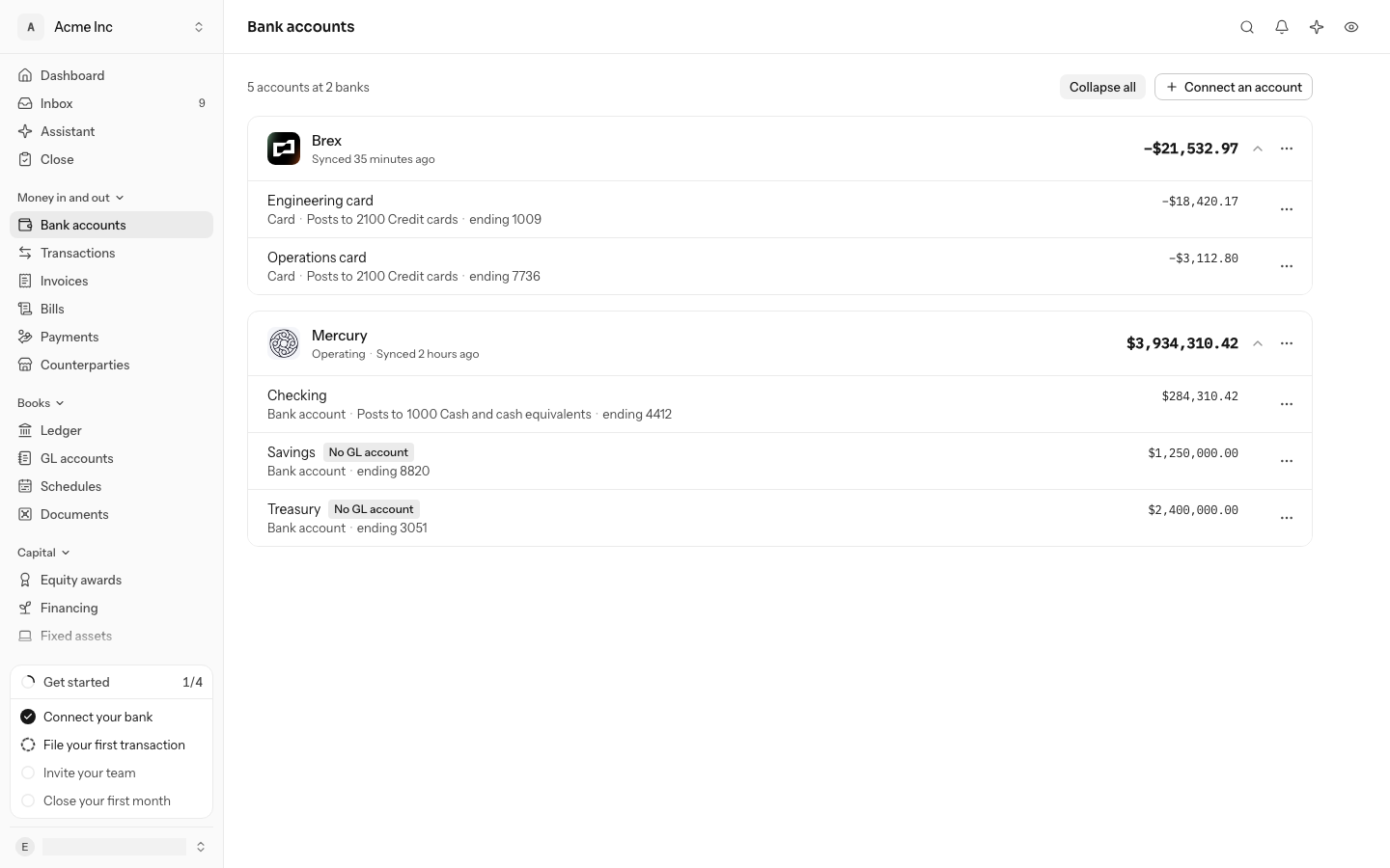 The Bank accounts page with Brex and Mercury open: two Brex cards posting to the card account, and Mercury's Checking, Savings and Treasury, each with its balance and the GL account it posts to, and each bank with its total