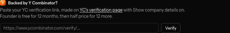Settings, Billing: Backed by Y Combinator? with a field for the verification link, the line on where to make one, and Verify