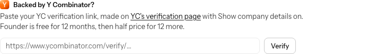 Settings, Billing: Backed by Y Combinator? with a field for the verification link, the line on where to make one, and Verify