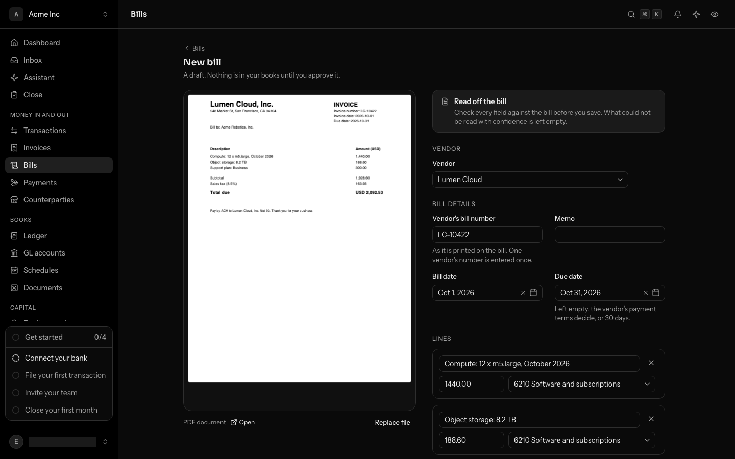 New bill: the bill's PDF on the left, read into the fields on the right, with the vendor, number, dates and lines filled in to check