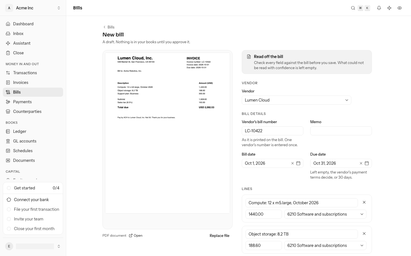 New bill: the bill's PDF on the left, read into the fields on the right, with the vendor, number, dates and lines filled in to check