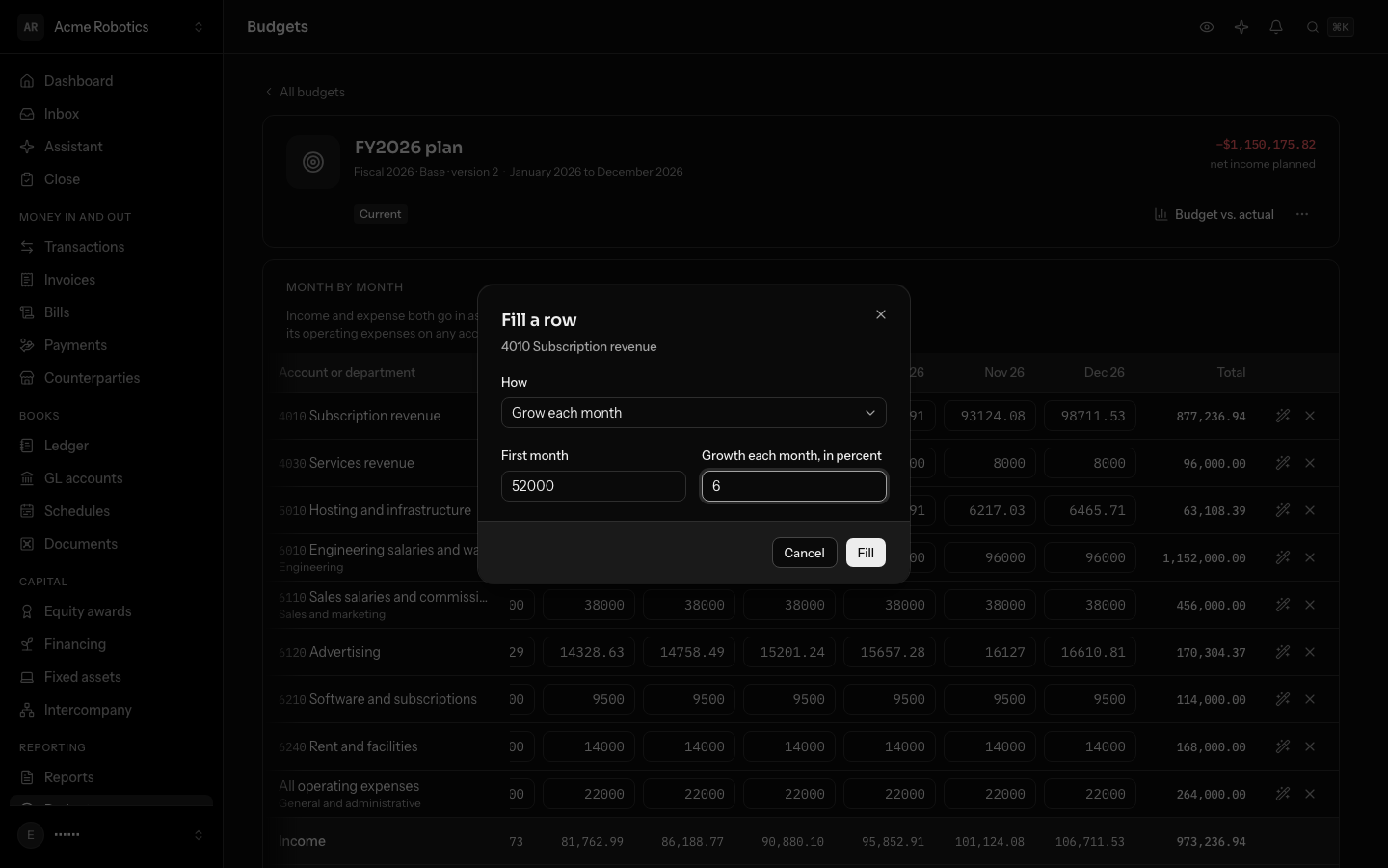 Filling 4010 Subscription revenue: a first month of $52,000 growing 6% each month