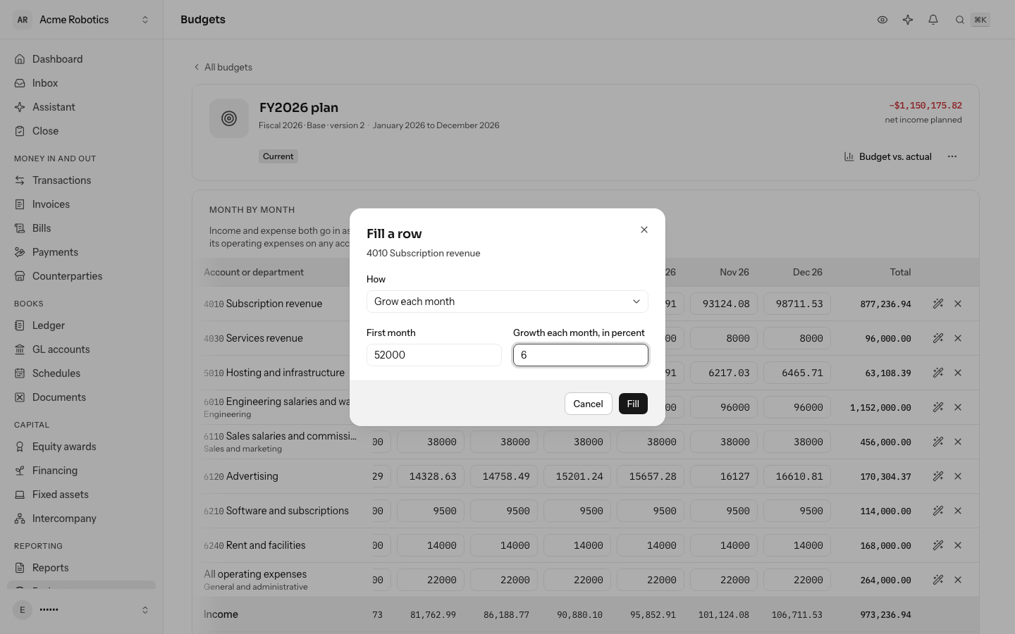 Filling 4010 Subscription revenue: a first month of $52,000 growing 6% each month