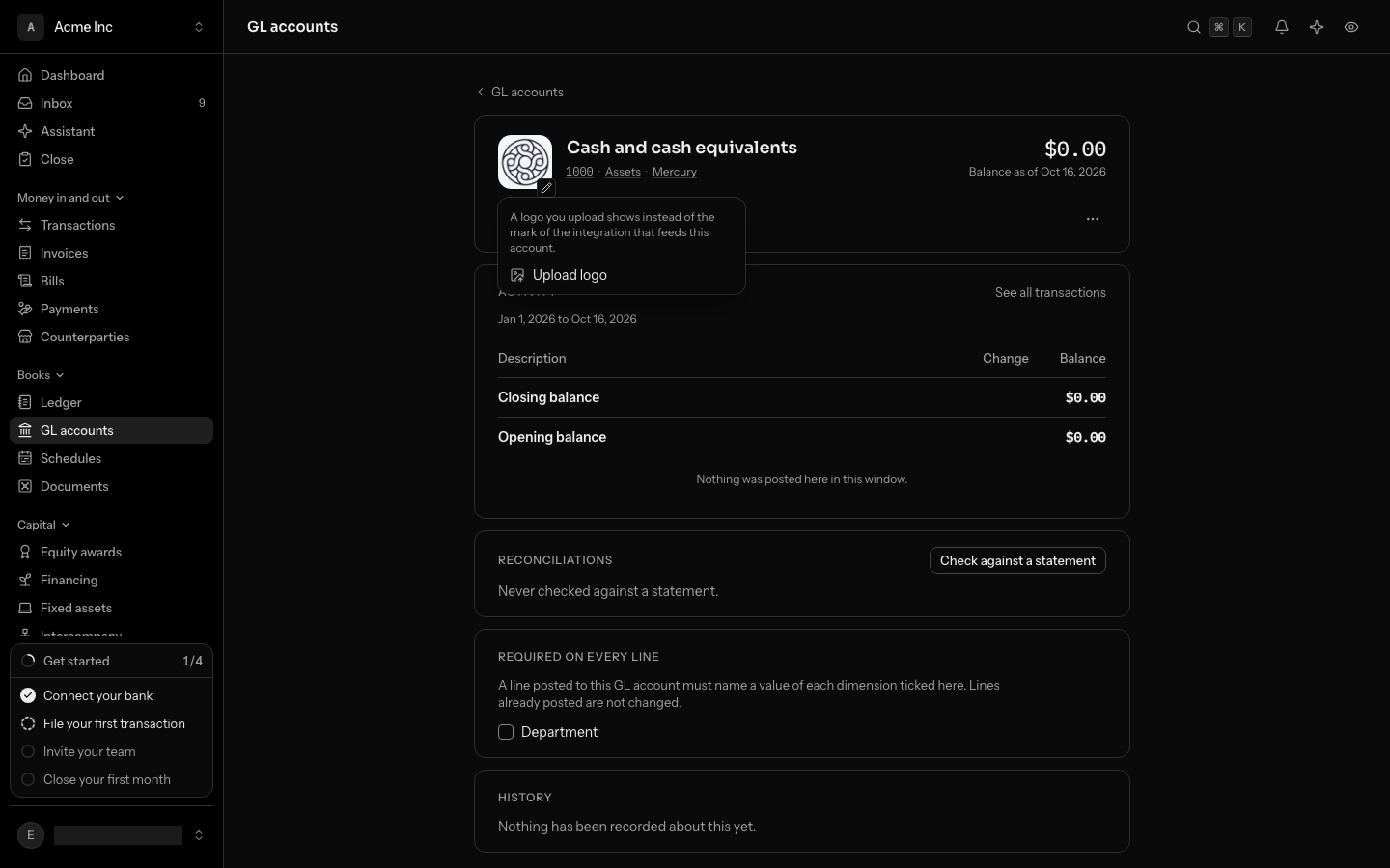 The Cash and cash equivalents account, fed by Mercury, with its logo selected: a menu under it says a logo you upload shows instead of the mark of the integration that feeds this account, and offers Upload logo