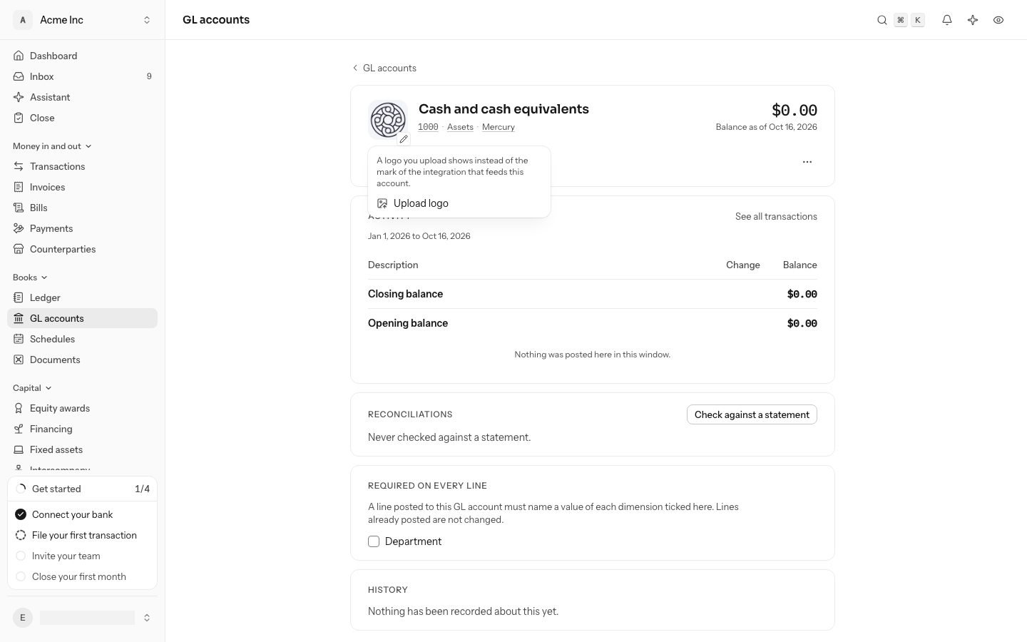 The Cash and cash equivalents account, fed by Mercury, with its logo selected: a menu under it says a logo you upload shows instead of the mark of the integration that feeds this account, and offers Upload logo