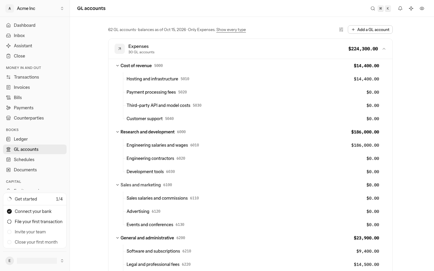 The Expenses card with every account shown: Cost of revenue, Research and development, Sales and marketing and General and administrative in bold, each with an arrow before it and a line running down from it and branching into the accounts under it, Hosting and infrastructure at $14,400.00 under Cost of revenue