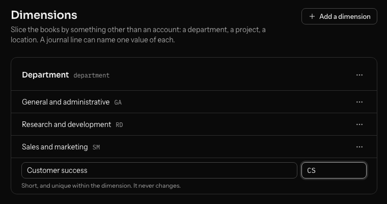 Settings, Dimensions: the Department card with its three values, and a new value, Customer success with the code CS, being typed in place at the end of the list