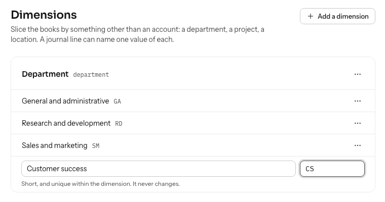 Settings, Dimensions: the Department card with its three values, and a new value, Customer success with the code CS, being typed in place at the end of the list