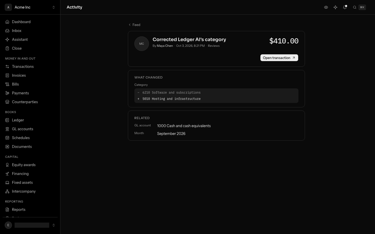 One piece of work: Maya Chen corrected the category Ledger AI chose for a charge, from 6210 Software and subscriptions to 5010 Hosting and infrastructure