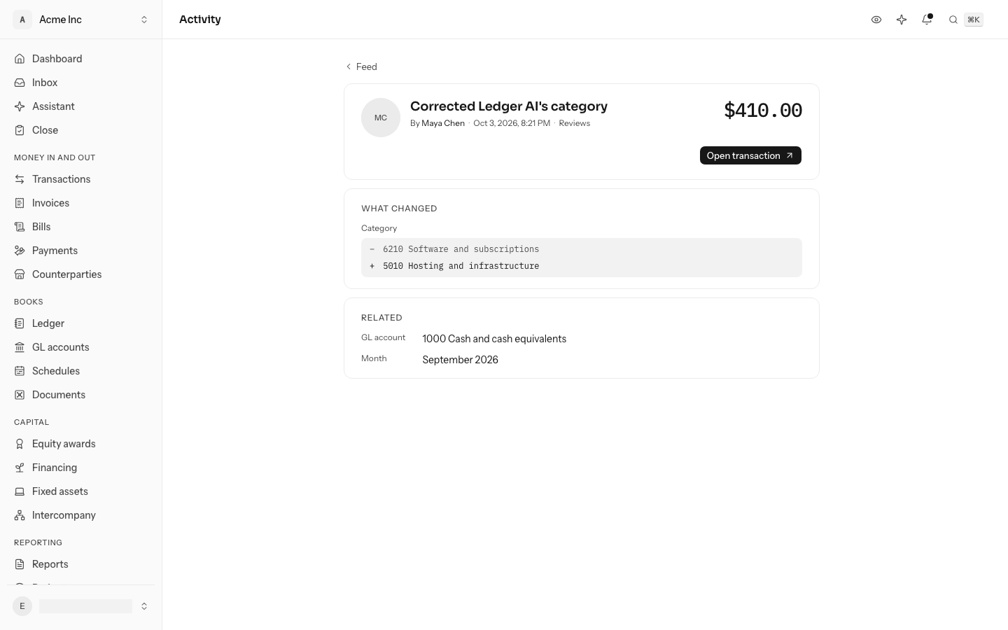 One piece of work: Maya Chen corrected the category Ledger AI chose for a charge, from 6210 Software and subscriptions to 5010 Hosting and infrastructure