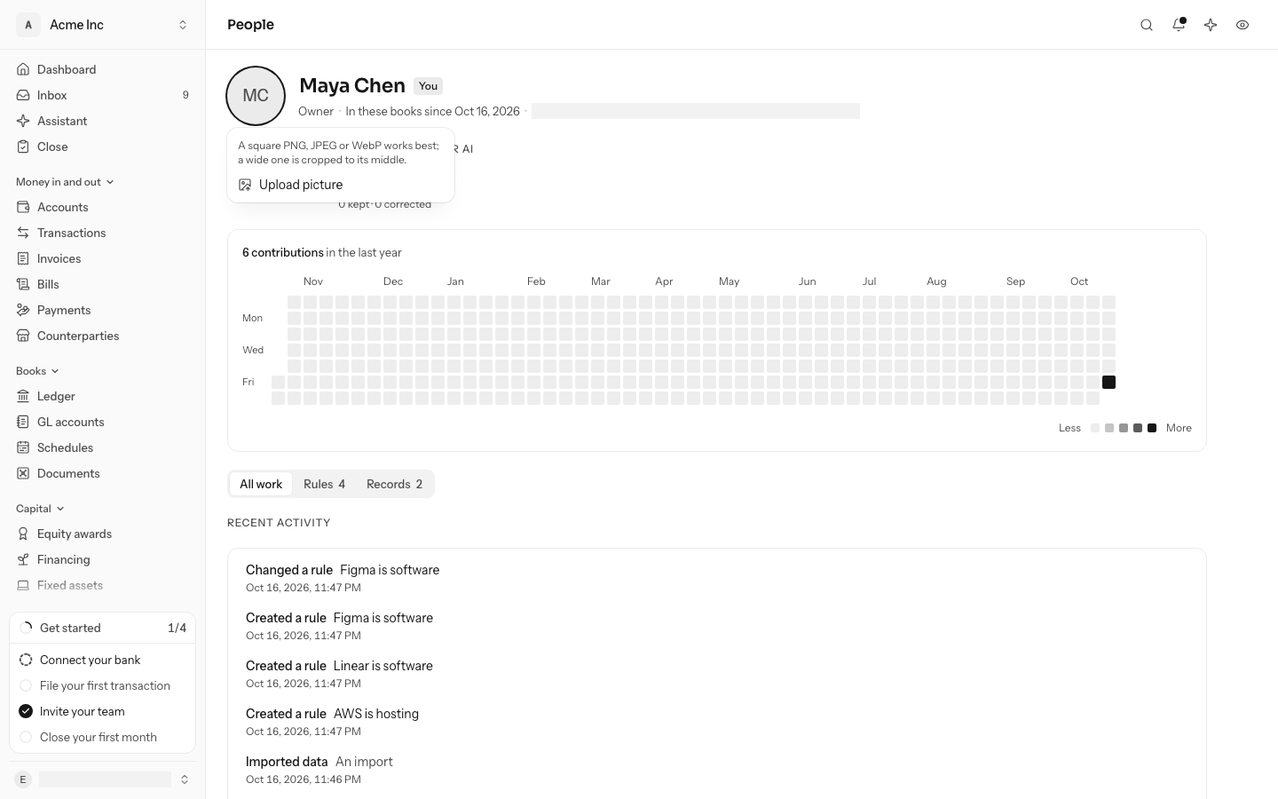 Your own profile, with the picture's menu open: a line on which images work best, then Upload picture