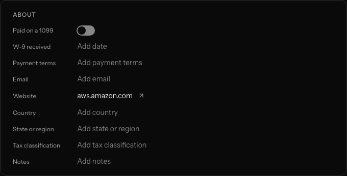 The About section of Amazon Web Services' page: Paid on a 1099 turned off, the website filled in, and every other value waiting to be added