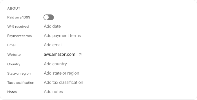 The About section of Amazon Web Services' page: Paid on a 1099 turned off, the website filled in, and every other value waiting to be added