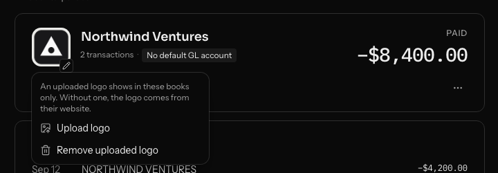 The logo menu on Northwind Ventures' page after a logo was uploaded: Upload logo and Remove uploaded logo