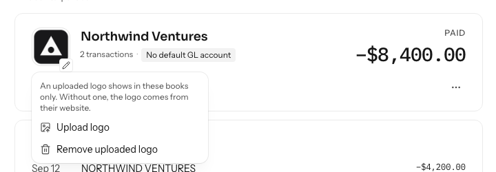 The logo menu on Northwind Ventures' page after a logo was uploaded: Upload logo and Remove uploaded logo