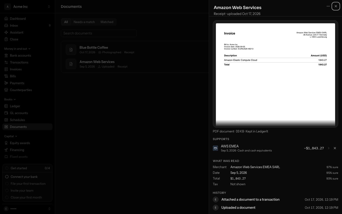 The panel of an uploaded Amazon Web Services invoice: its PDF page drawn in the panel, PDF document, its size and Kept in LedgerIt under it, then Supports and What was read