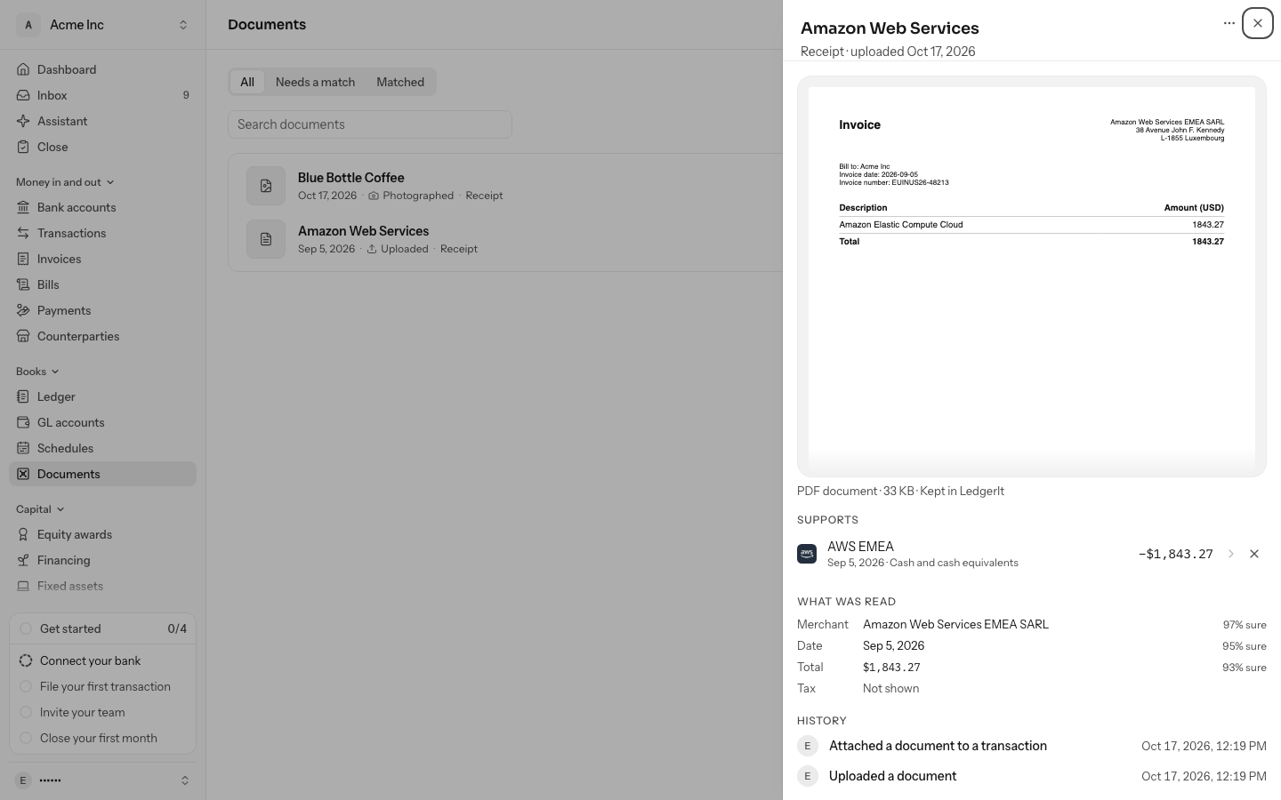 The panel of an uploaded Amazon Web Services invoice: its PDF page drawn in the panel, PDF document, its size and Kept in LedgerIt under it, then Supports and What was read
