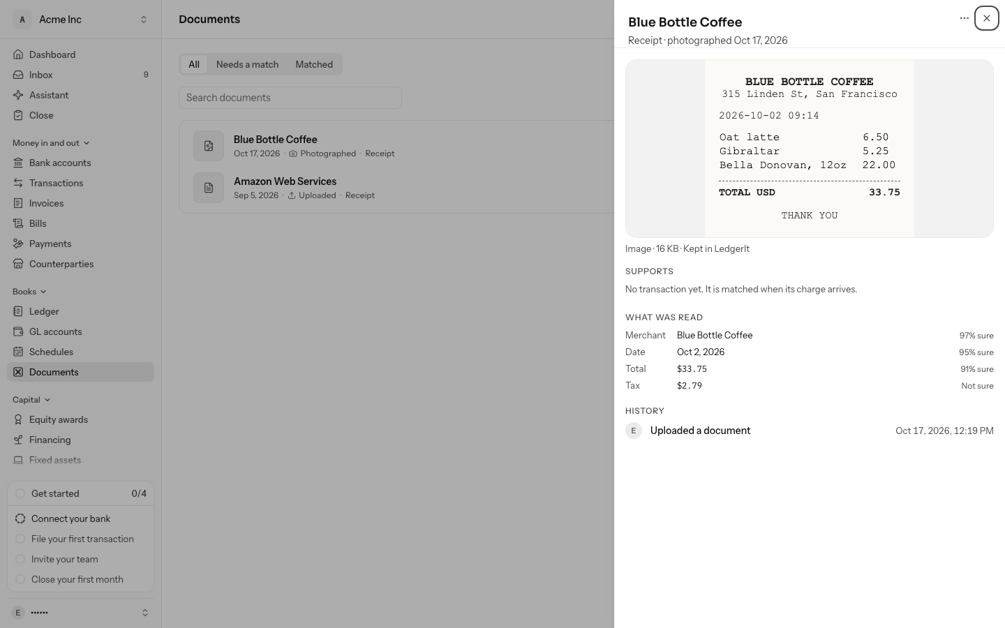 The panel of a photographed Blue Bottle Coffee receipt: the photo drawn in the panel with Image, its size and Kept in LedgerIt under it, no transaction yet under Supports, and What was read with the merchant, date and $33.75 total each over 90% sure and the tax marked Not sure