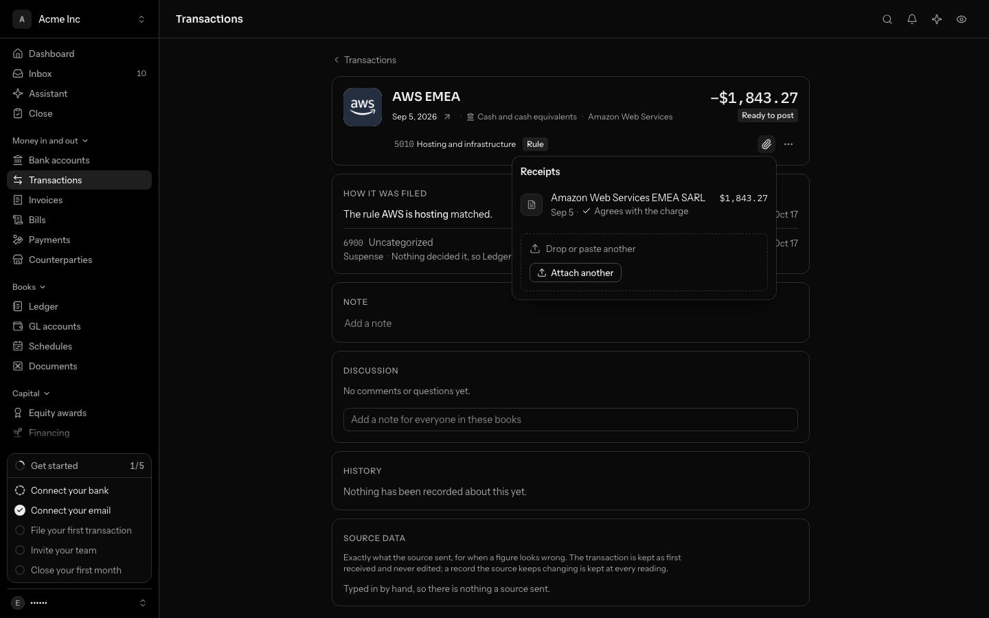 Receipts on an AWS EMEA charge: the attached Amazon Web Services EMEA SARL invoice, dated Sep 5, for $1,843.27, marked Agrees with the charge, with Drop or paste another and Attach another under it