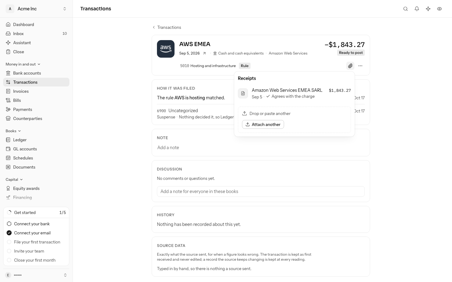 Receipts on an AWS EMEA charge: the attached Amazon Web Services EMEA SARL invoice, dated Sep 5, for $1,843.27, marked Agrees with the charge, with Drop or paste another and Attach another under it