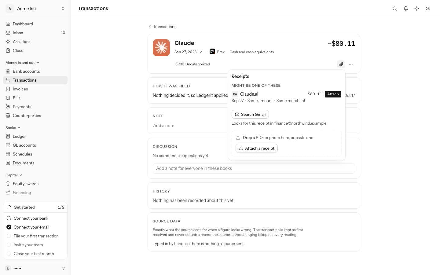 Receipts on a Claude charge with no receipt yet: a Claude.ai receipt for $80.11 dated Sep 27 under Might be one of these, marked Same amount and Same merchant, with Attach beside it; Search Gmail under it; and a box to drop or paste a PDF or photo with Attach a receipt
