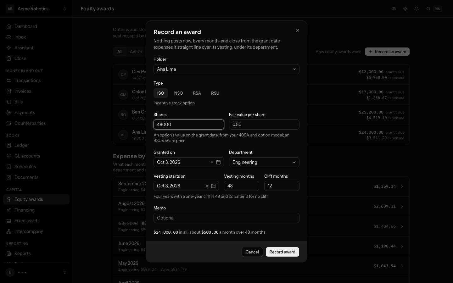 Recording a 48,000-share ISO for Ana Lima at $0.50 a share in Engineering, vesting over 48 months with a 12-month cliff, previewing $24,000.00 in all, about $500.00 a month