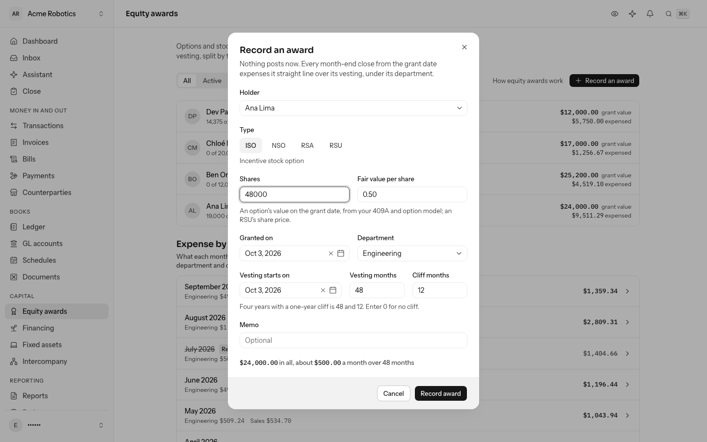 Recording a 48,000-share ISO for Ana Lima at $0.50 a share in Engineering, vesting over 48 months with a 12-month cliff, previewing $24,000.00 in all, about $500.00 a month