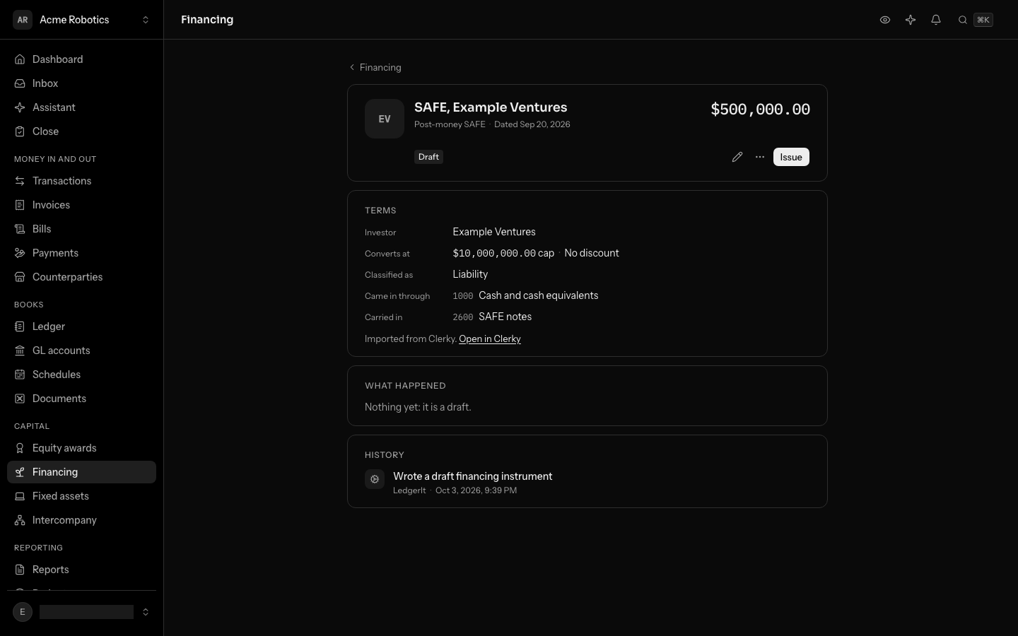 A SAFE imported from Clerky: a $500,000.00 post-money SAFE from Example Ventures with a $10,000,000.00 valuation cap, still a draft, its terms ending with Imported from Clerky and a link to open it in Clerky