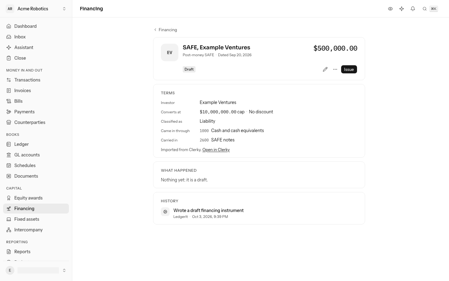 A SAFE imported from Clerky: a $500,000.00 post-money SAFE from Example Ventures with a $10,000,000.00 valuation cap, still a draft, its terms ending with Imported from Clerky and a link to open it in Clerky