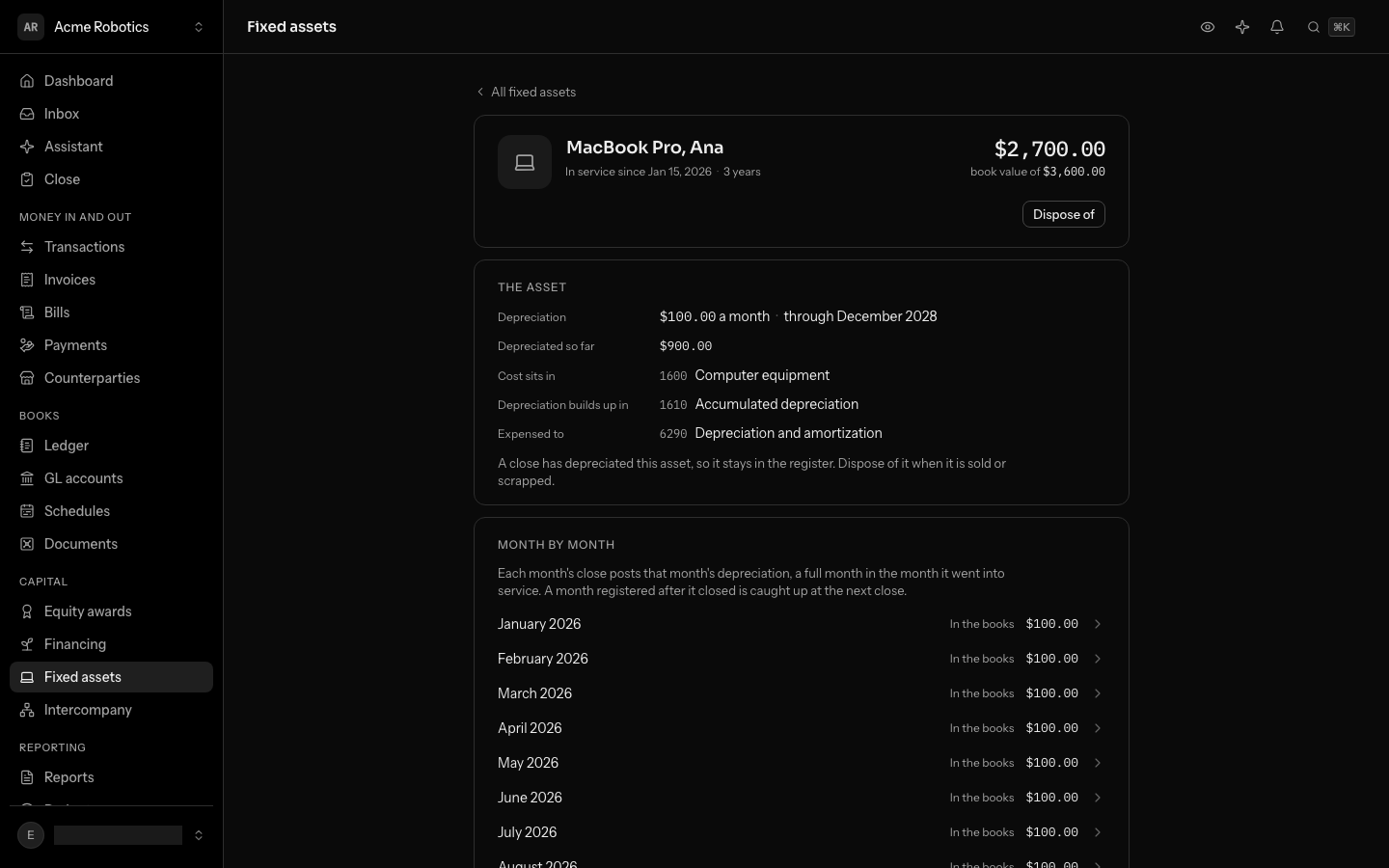 A MacBook Pro's own page: its book value out of its cost, the $100.00 it depreciates each month through December 2028, the accounts it uses and each month in the books