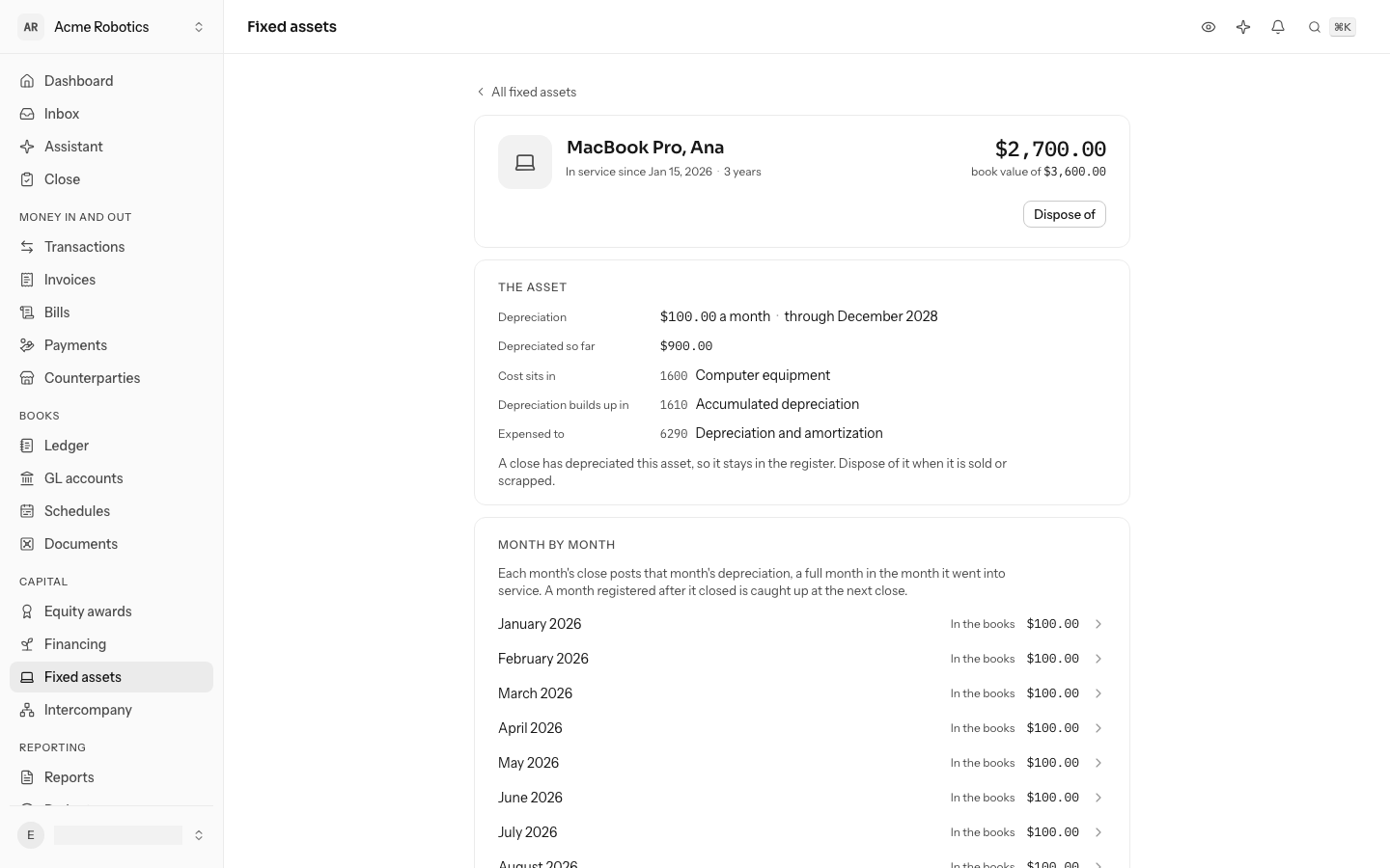 A MacBook Pro's own page: its book value out of its cost, the $100.00 it depreciates each month through December 2028, the accounts it uses and each month in the books