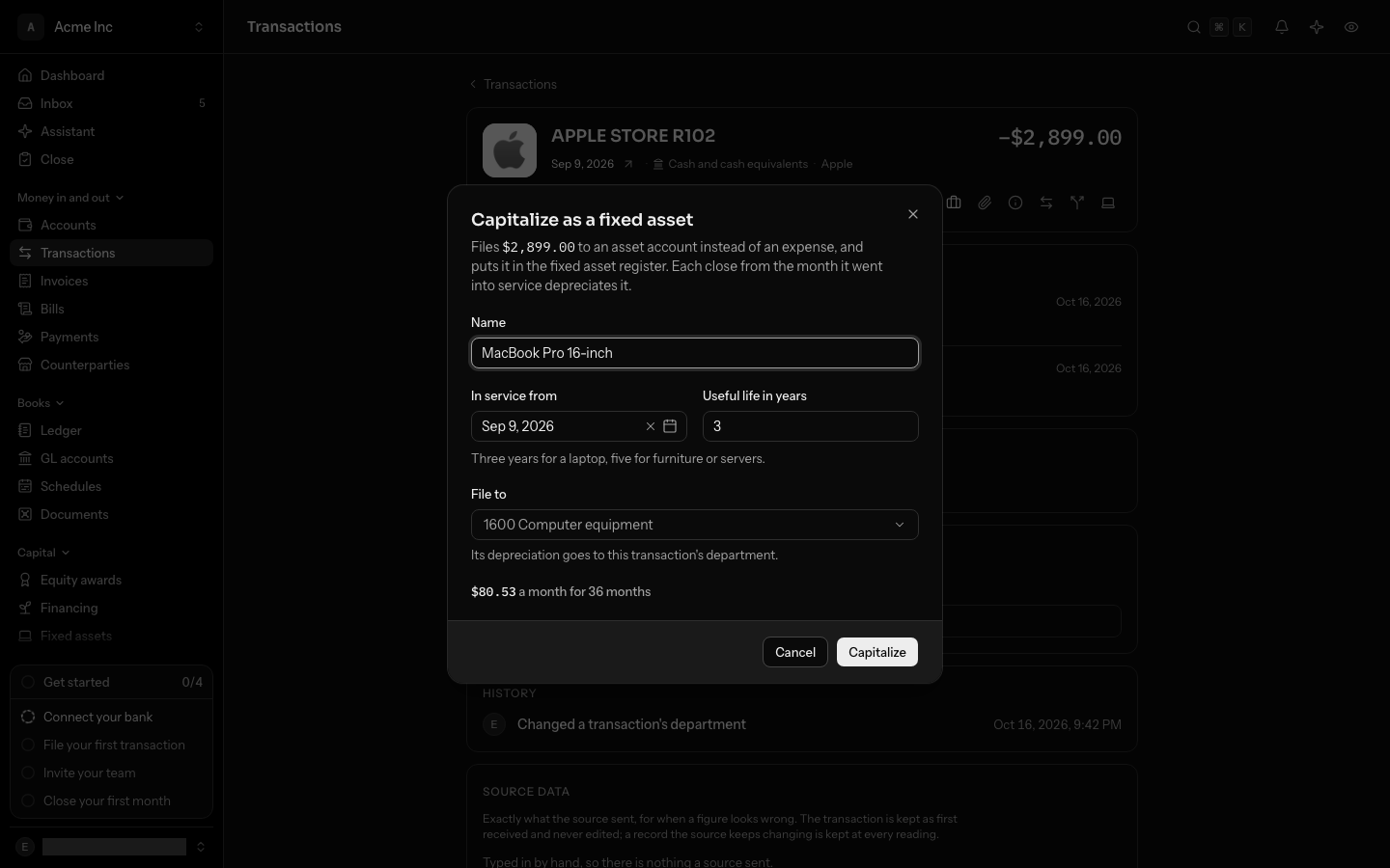 Capitalizing a $2,899.00 Apple Store charge as a MacBook Pro 16-inch, in service from September 9 for 3 years, filed to 1600 Computer equipment, previewing $80.53 a month for 36 months