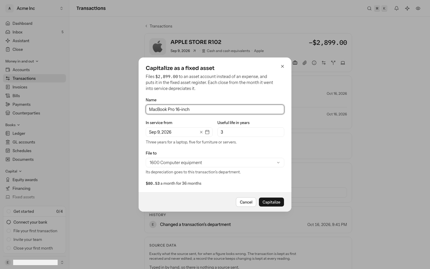 Capitalizing a $2,899.00 Apple Store charge as a MacBook Pro 16-inch, in service from September 9 for 3 years, filed to 1600 Computer equipment, previewing $80.53 a month for 36 months