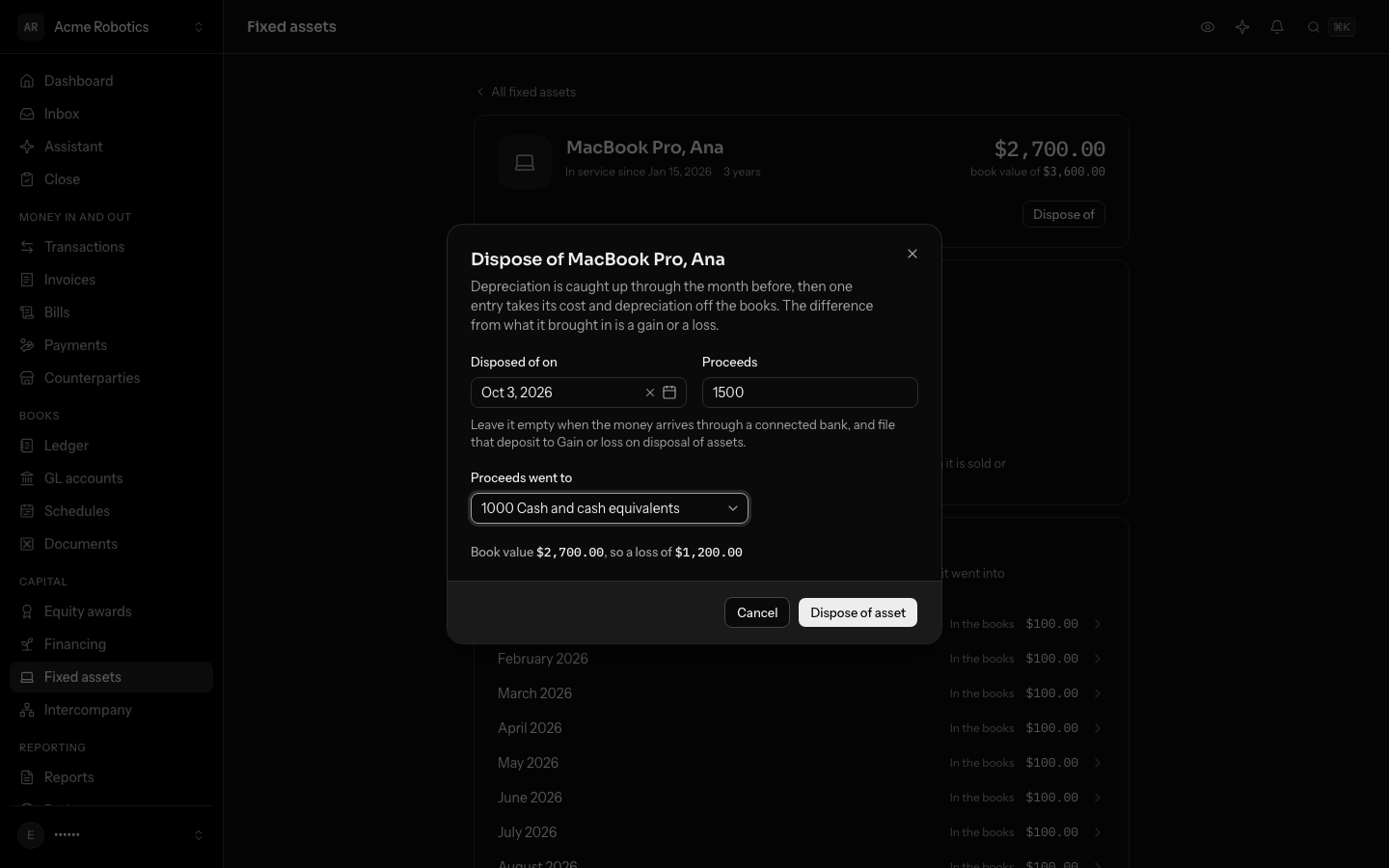 Disposing of the MacBook Pro on October 3 for $1,500.00 of proceeds into cash, against a book value of $2,700.00, a loss of $1,200.00