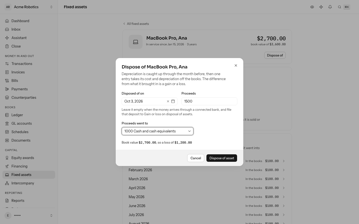 Disposing of the MacBook Pro on October 3 for $1,500.00 of proceeds into cash, against a book value of $2,700.00, a loss of $1,200.00