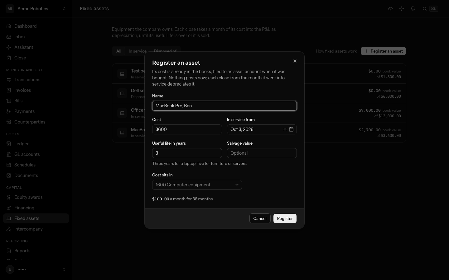 Registering a $3,600.00 MacBook Pro placed in service on October 3 with a life of 3 years, previewing $100.00 a month for 36 months