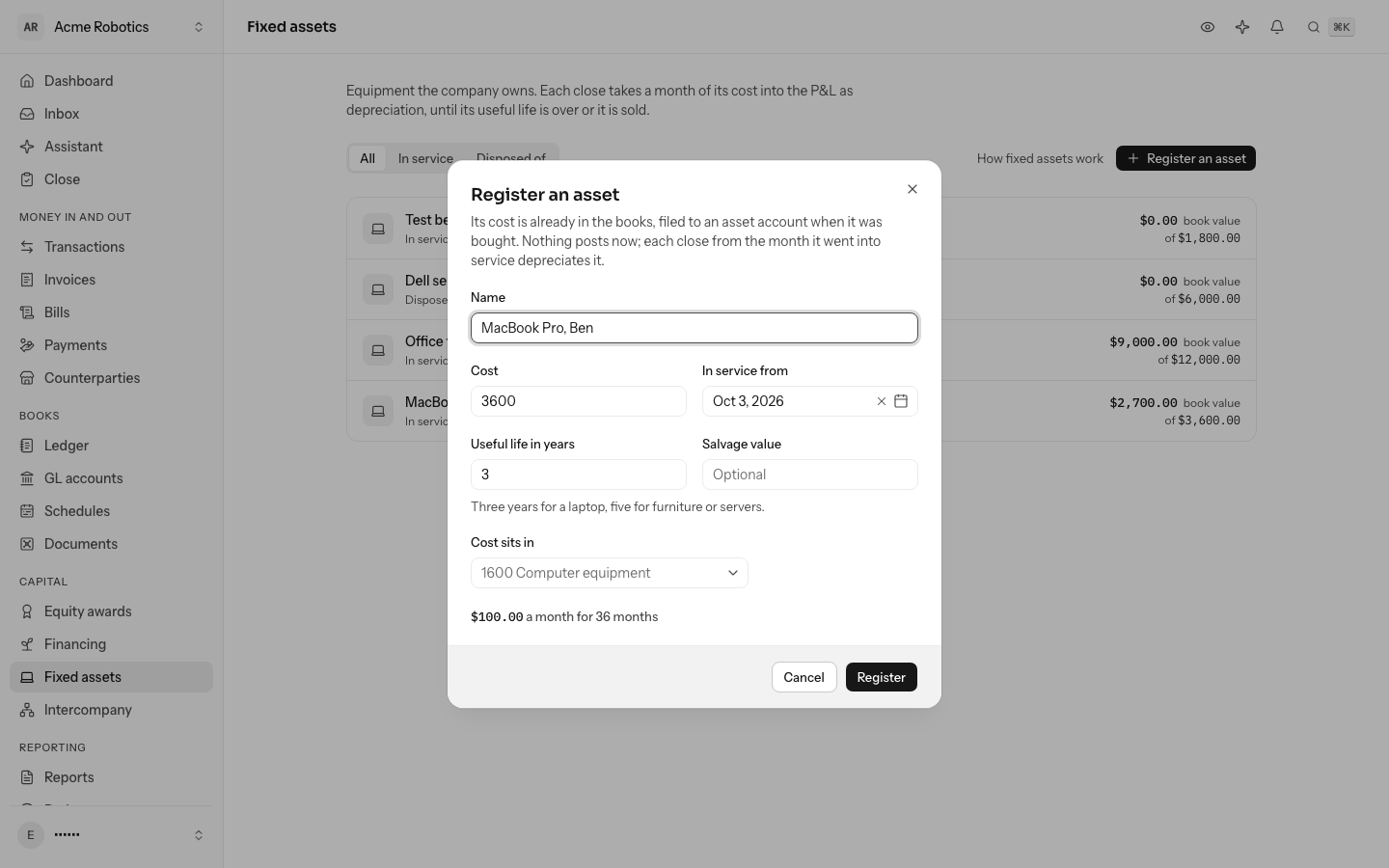 Registering a $3,600.00 MacBook Pro placed in service on October 3 with a life of 3 years, previewing $100.00 a month for 36 months