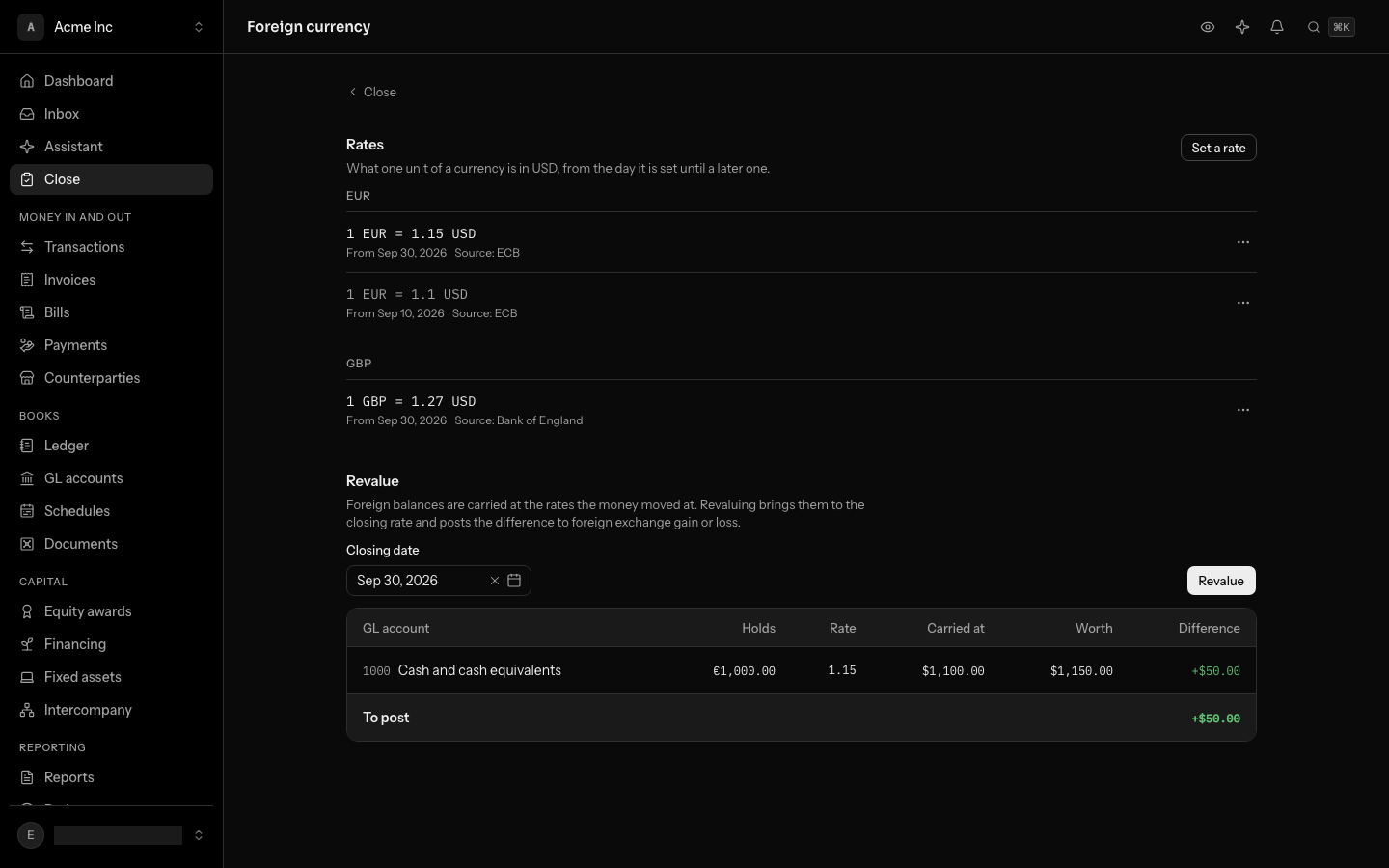 The Foreign currency page: euro rates of 1.15 from September 30 and 1.10 from September 10, a pound rate of 1.27, and the revaluation preview for September 30, with a cash account holding €1,000.00 carried at $1,100.00, worth $1,150.00, and $50.00 to post