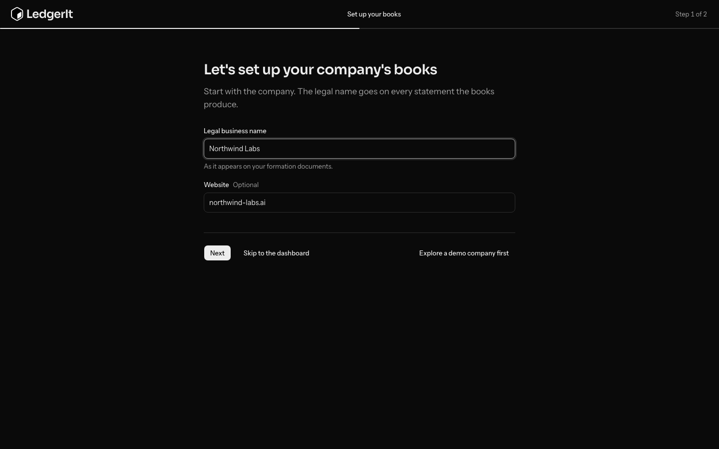 Step 1 of 2, Let's set up your company's books: the Legal business name and Website filled in from a work address as Northwind Labs and northwind-labs.ai, with Next, Skip to the dashboard and Explore a demo company first