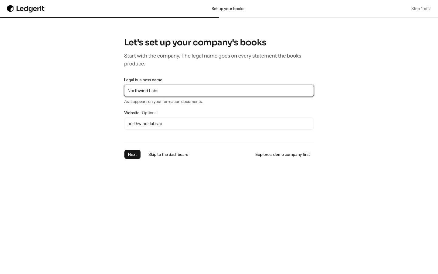 Step 1 of 2, Let's set up your company's books: the Legal business name and Website filled in from a work address as Northwind Labs and northwind-labs.ai, with Next, Skip to the dashboard and Explore a demo company first