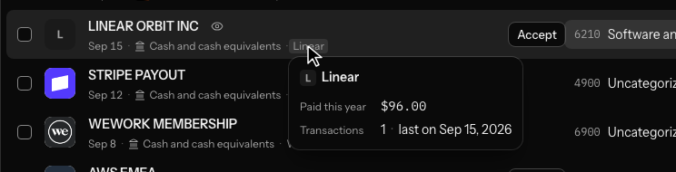The transactions list with the pointer resting on Linear under a Linear Orbit charge: a card under the name shows Paid this year $96.00 and Transactions 1, last on Sep 15, 2026