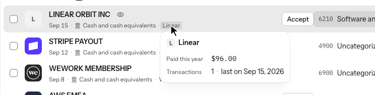 The transactions list with the pointer resting on Linear under a Linear Orbit charge: a card under the name shows Paid this year $96.00 and Transactions 1, last on Sep 15, 2026