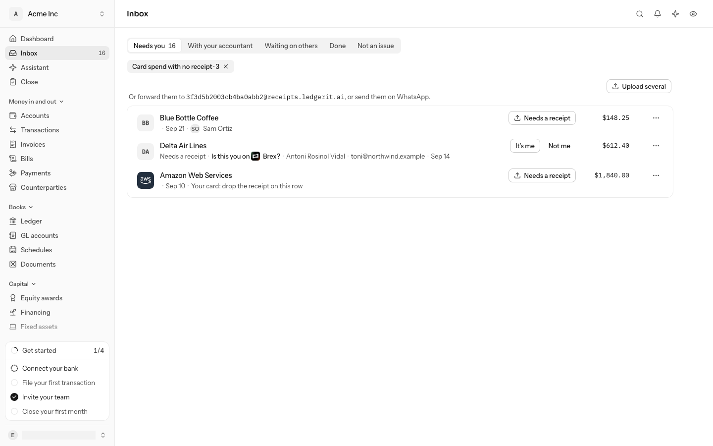 The inbox narrowed to Card spend with no receipt: Upload several over three card charges, and under it the address to forward receipts to, or send them on WhatsApp