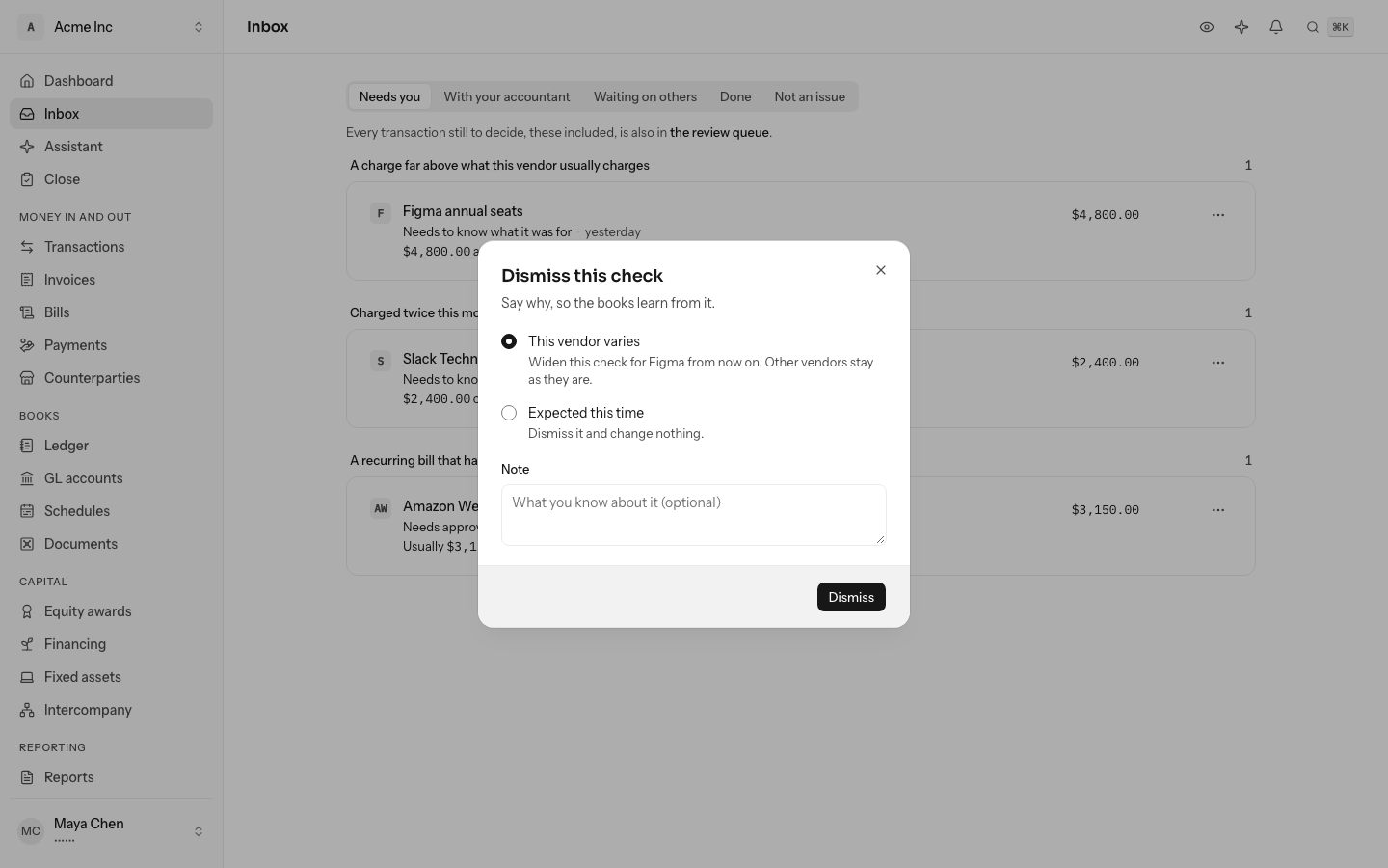 The Dismiss this check dialog for a Figma charge, with This vendor varies selected and Expected this time below it, a note field and Dismiss