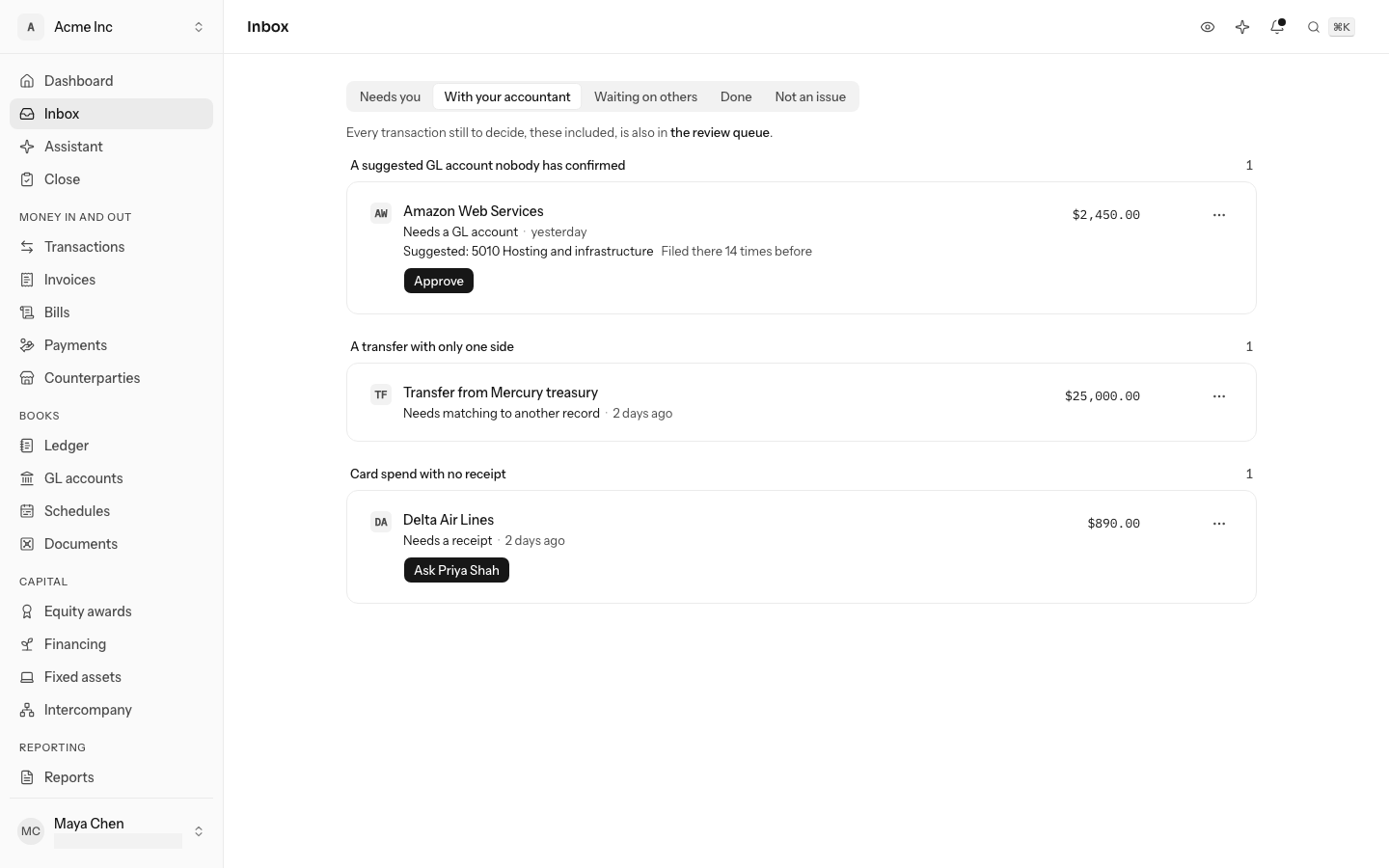 The inbox on With your accountant with three items, each under its kind: an Amazon Web Services charge suggested to 5010 Hosting and infrastructure, filed there 14 times before, with Approve; a $25,000.00 transfer from Mercury treasury that needs matching; and an $890.00 Delta Air Lines charge that needs a receipt, with Ask Priya Shah. Escalate and the other actions are in each row's ⋯ menu