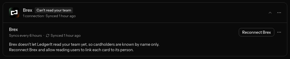 A Brex connection marked Can't read your team, with Reconnect Brex and a line saying why