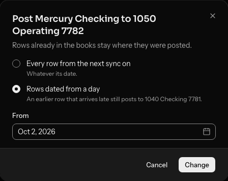 The dialog for posting Checking to 1050 Operating account: Rows dated from a day chosen, From set to a date